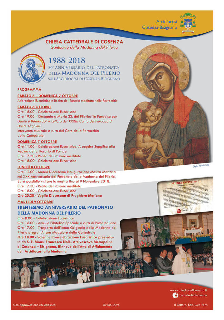 30° anniversario del Patronato della Madonna del Pilerio sull'Arcidiocesi di Cosenza-Bisignano