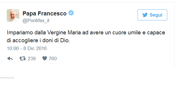 Il tweet di Francesco per l'Immacolata